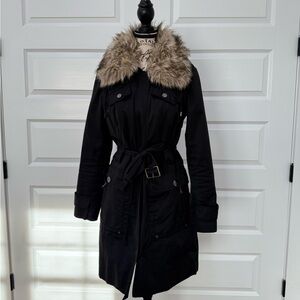 Kenneth Cole New York Black Coat with Faux Fur Collar
